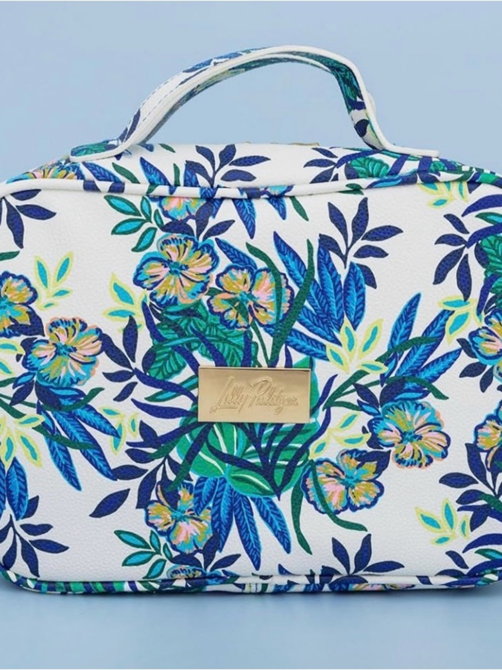 Lilly Pulitzer White Floral Travel Cosmetic Case with Blue & Green Print